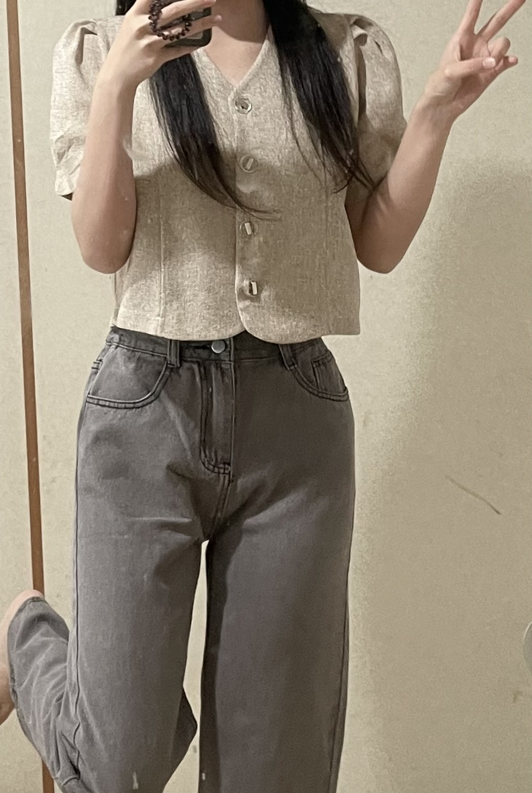ハイウエストストレートデニムパンツ(グレー)｜デニム｜韓国