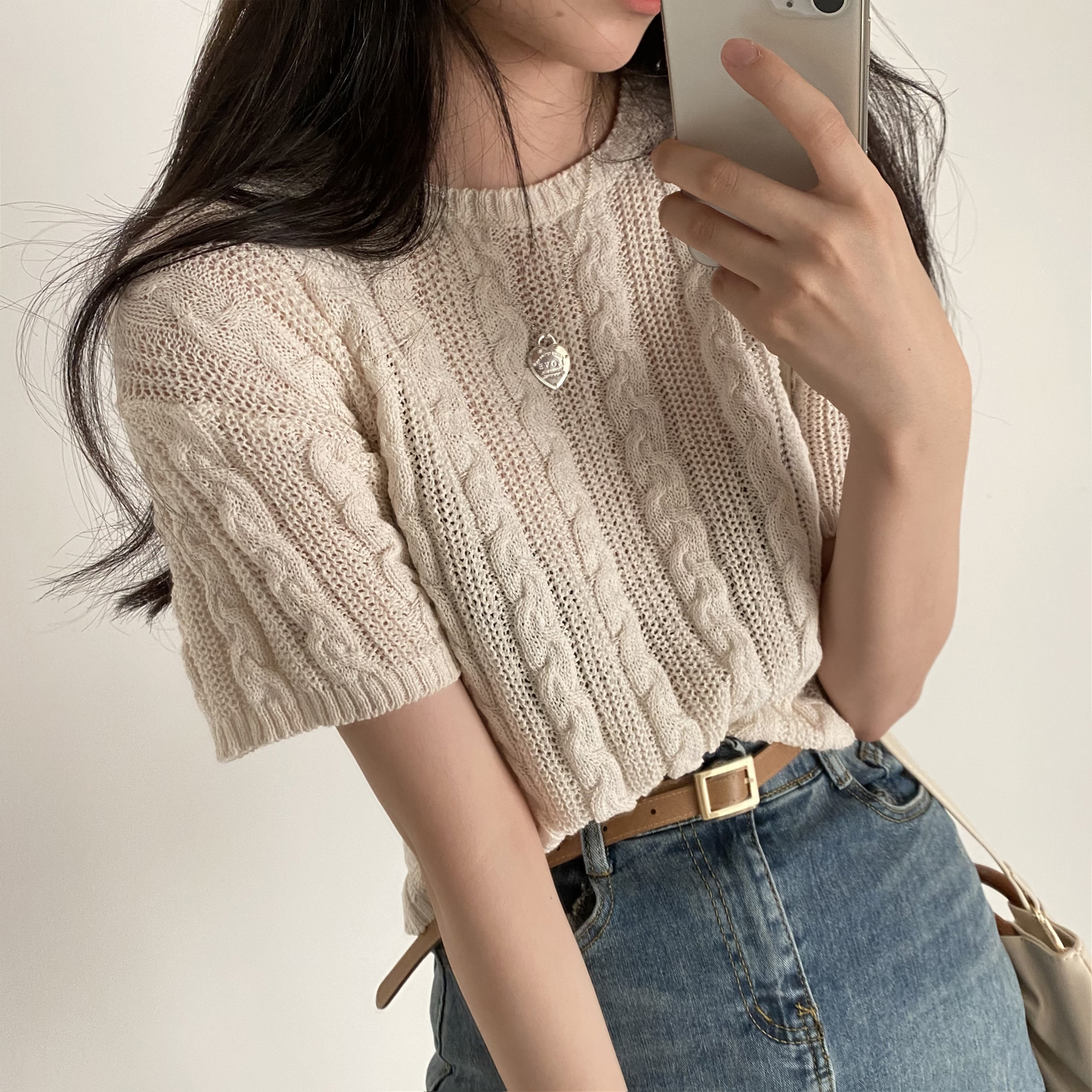 Sona ケーブル編み半袖ニット 10代 代女性ファッション韓国通販
