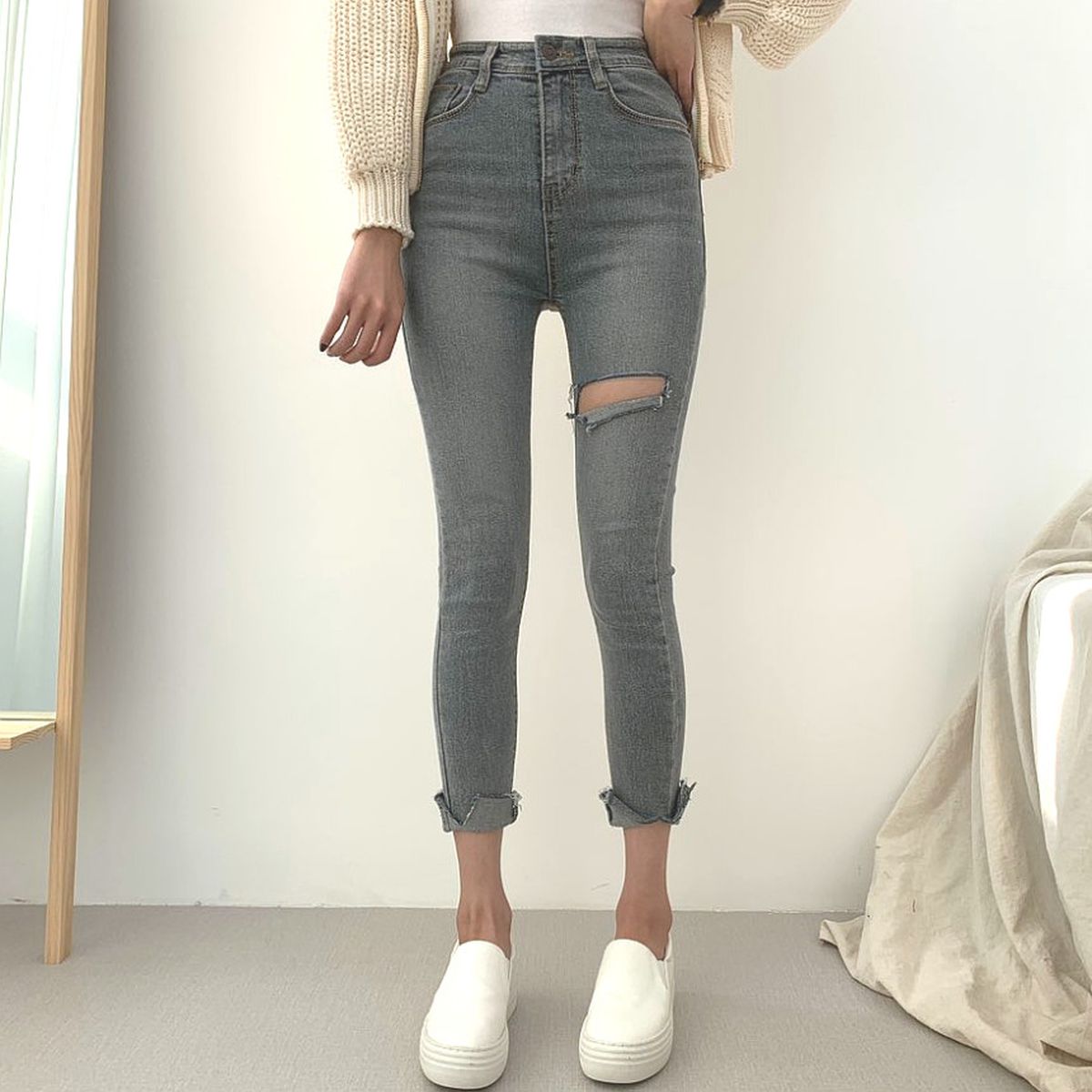 Sona スリットハイウエストデニムスキニーパンツ 10代 代女性ファッション韓国通販