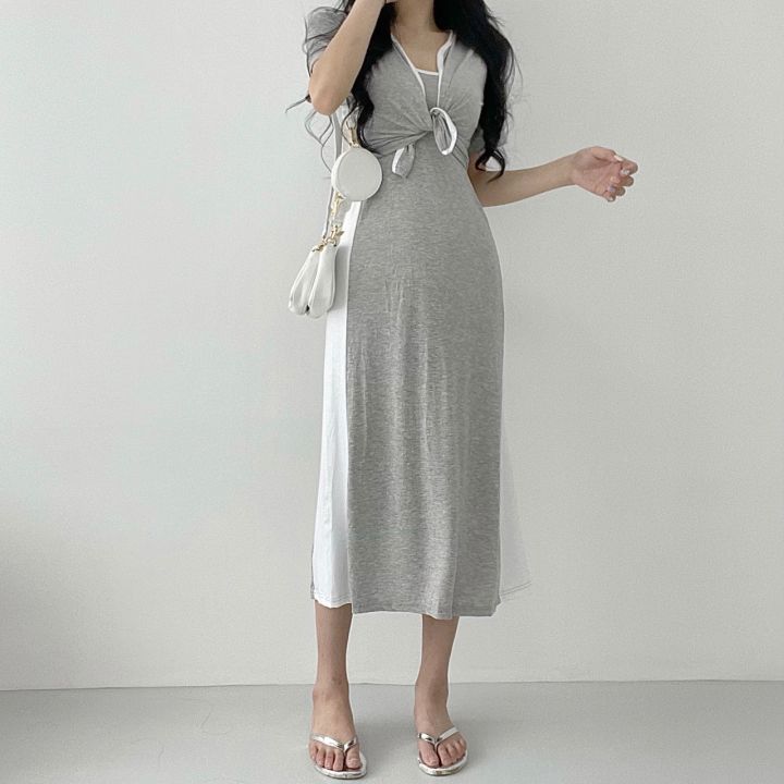 Sona 配色半袖カーディガン キャミロングワンピース 10代 代女性ファッション韓国通販