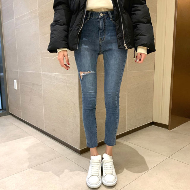 Sona ダメージハイウエストデニムスキニーパンツ 10代 代女性ファッション韓国通販
