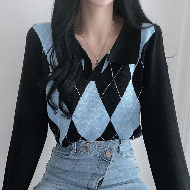 Sona オープンカラーアーガイルニットtシャツ 10代 代女性ファッション韓国通販