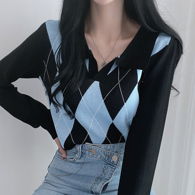 Sona オープンカラーアーガイルニットtシャツ 10代 代女性ファッション韓国通販