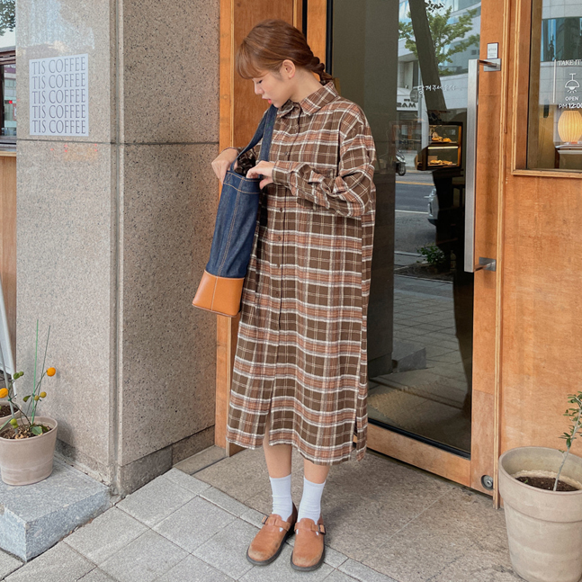 Sona ワンポケットチェックロングワンピース 10代 代女性ファッション韓国通販 Sona ワンポケットチェックロングワンピース 10代 代女性ファッション韓国通販