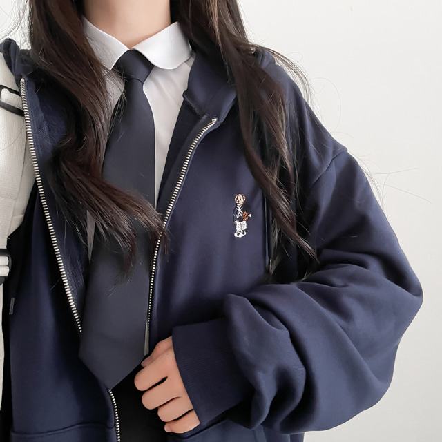 男女共用ベア刺繍オーバーフィットフードジップアップ｜ジャンパー 