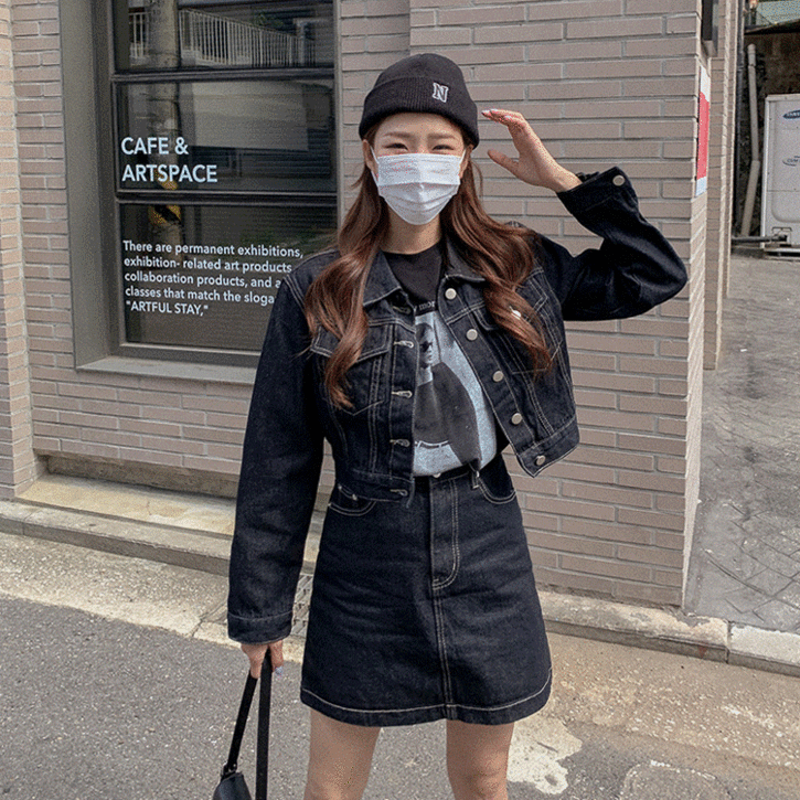 Sona Set クロップデニムジャケット デニムスカート 10代 代女性ファッション韓国通販