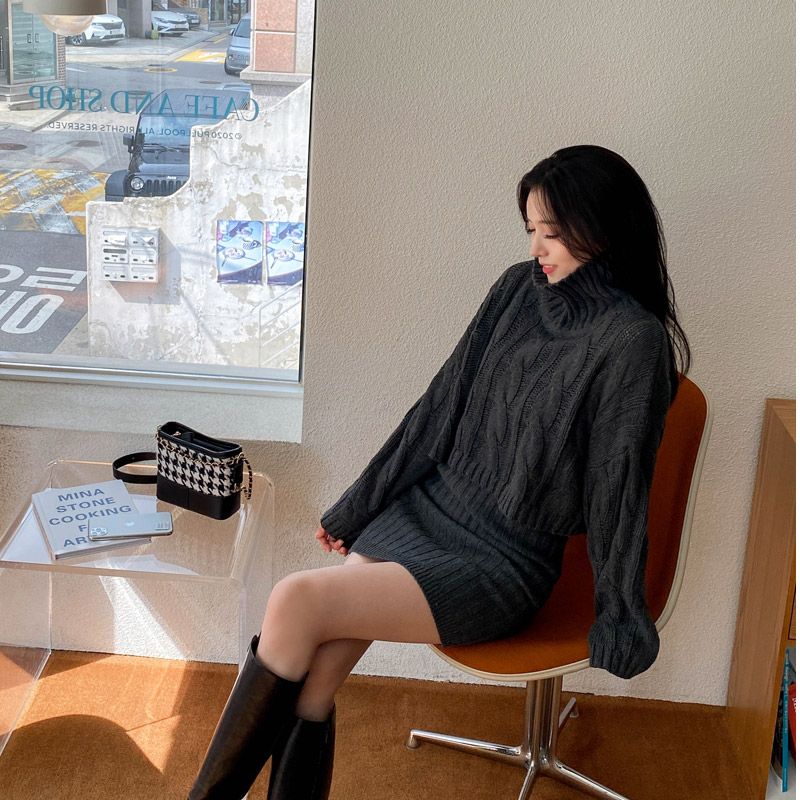 st1264 タートルニット+ミニスカートセットアップ｜ワンピース｜韓国