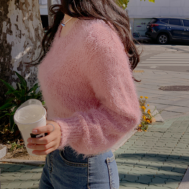 Vネッククロップファーモヘアニット6色