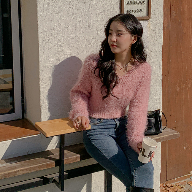 Vネッククロップファーモヘアニット6色