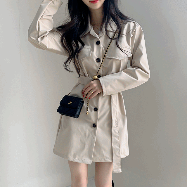 ベルトトレンチミニワンピース - [10代・20代女性ファッション,韓国