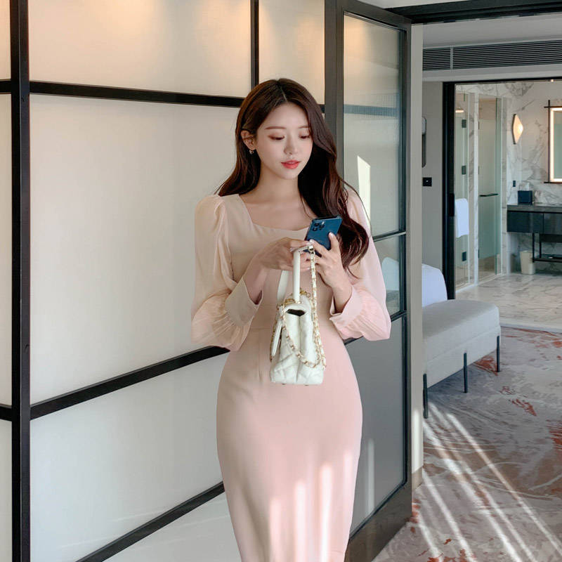 op13184 シフォン切り替え配色マーメイドロングワンピース