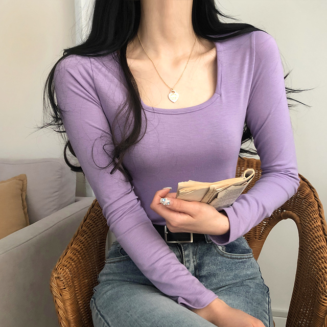 スクエアネックスリムTシャツ7色 - [10代・20代女性ファッション,韓国