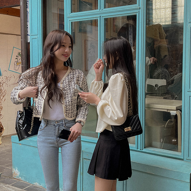 パールボタンノーカラーツイードジャケット｜ジャケット｜韓国