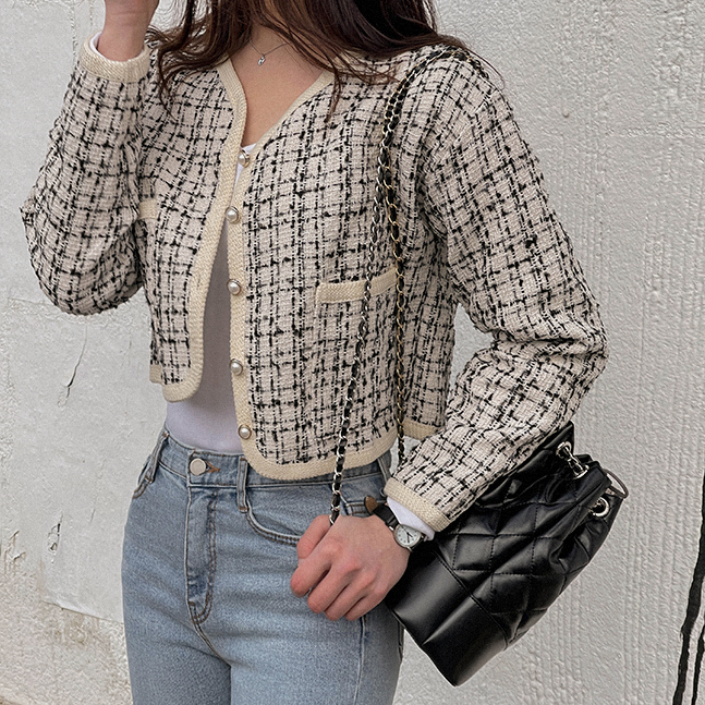 パールボタンノーカラーツイードジャケット｜ジャケット｜韓国