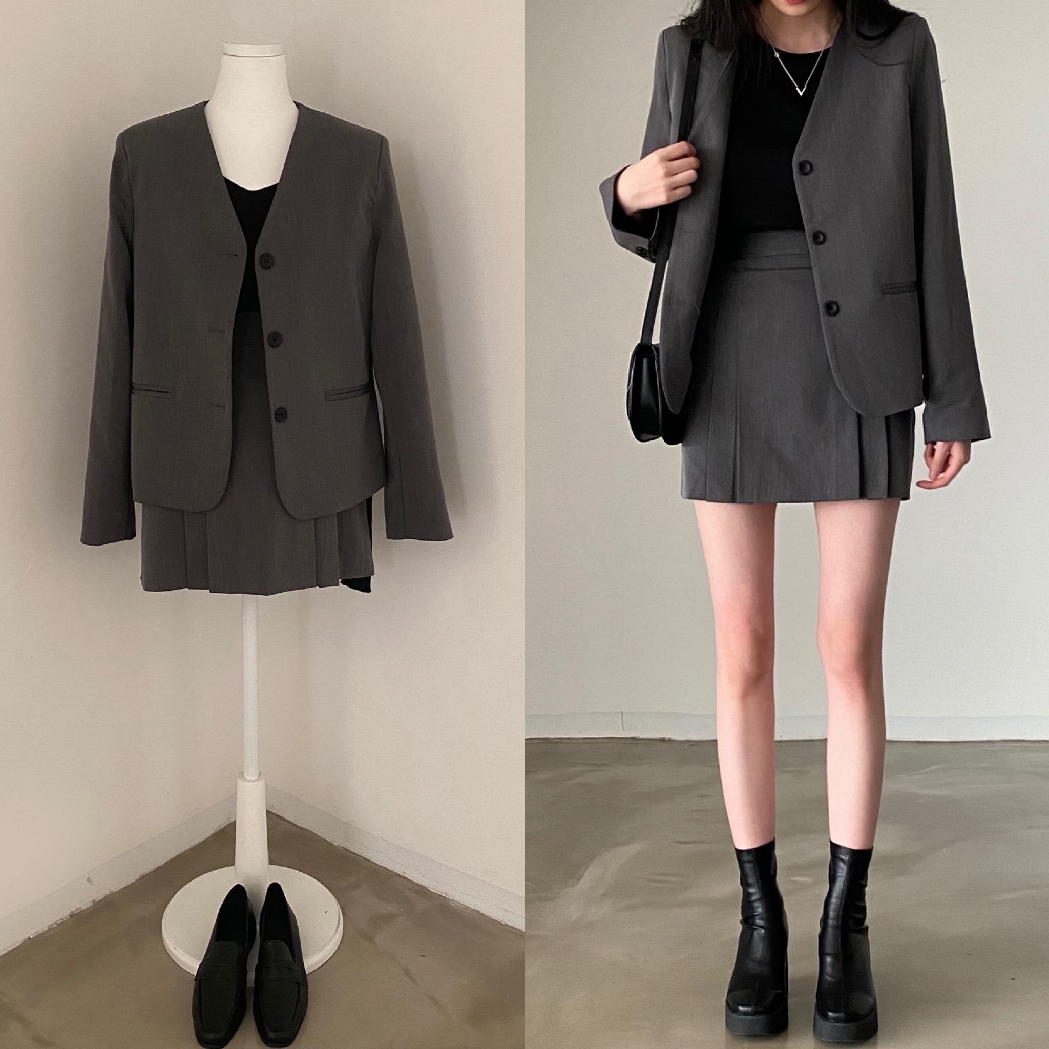 SONA | [SET]ノーカラジャケットブレザー+プリーツスカート | 10代・20代女性ファッション韓国通販