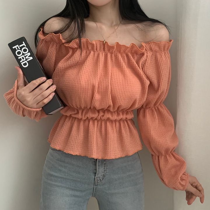 Sona シャーリングオフショルダークロップブラウス 10代 代女性ファッション韓国通販