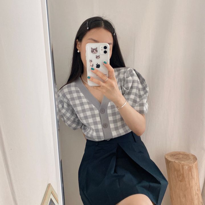 SONA | ギンガムチェックパフ半袖ニットカーディガン | 10代・20代女性ファッション韓国通販