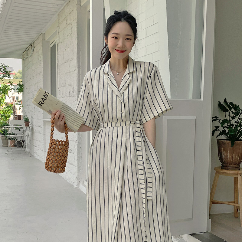 ストライプリボン半袖ロングシャツワンピース｜ロングワンピース｜韓国
