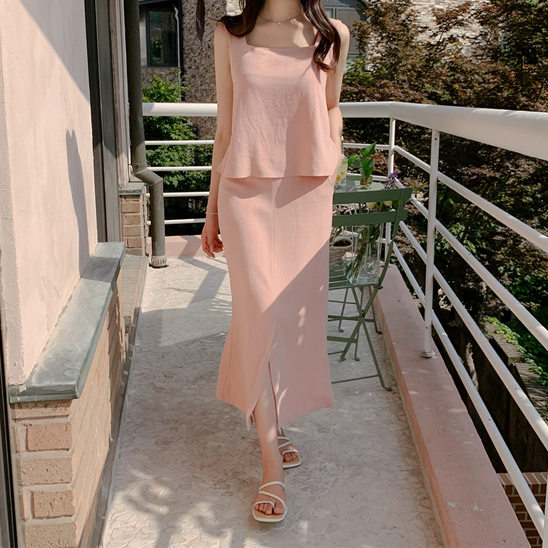 Sona St1534 リネンスリーブレス ロングスカートセットアップ 10代 代女性ファッション韓国通販