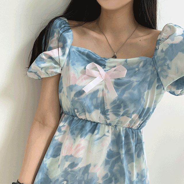 タイダイリボンパフ半袖ミニワンピース - [10代・20代女性ファッション