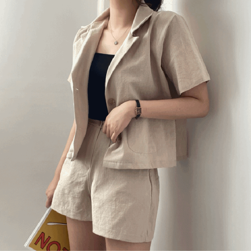 SONA [SET]リネン半袖ジャケット+ショートパンツ(後ろゴム) 10代・20代女性ファッション韓国通販