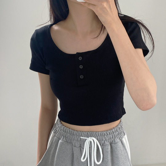 リブヘンリーネックUネッククロップTシャツ｜半袖Tシャツ｜韓国