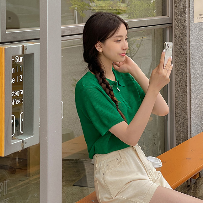 ハーフジップアップ半袖ニット - [10代・20代女性ファッション,韓国 