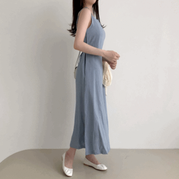 Sona リネンバックリボンノースリーブロングワンピース 紐調節可能 10代 代女性ファッション韓国通販