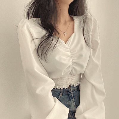 シャーリングクロップブラウス - [10代・20代女性ファッション,韓国