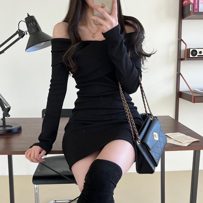 オフショルラップリブミニワンピース|ミニワンピース|韓国 オフショルラップリブミニワンピース|ミニワンピース|韓国