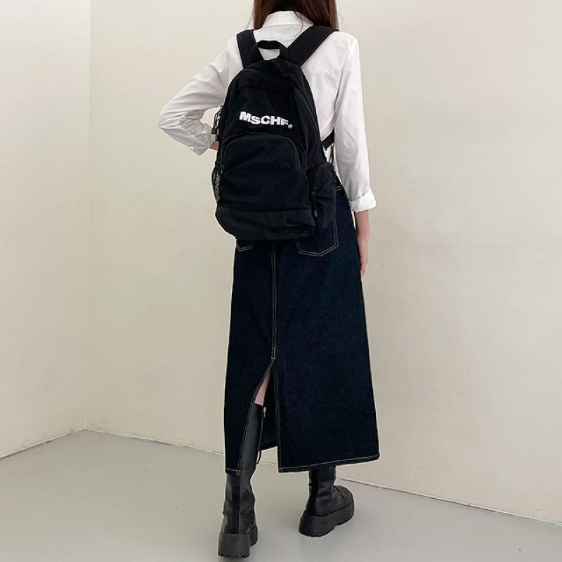 ロラライハリス♡ブラック英字デニム生地♡刺繍の楕円底バッグ♡長財布セット♡ バックスリットステッチデニムロングスカート｜ミディ/ロングスカート