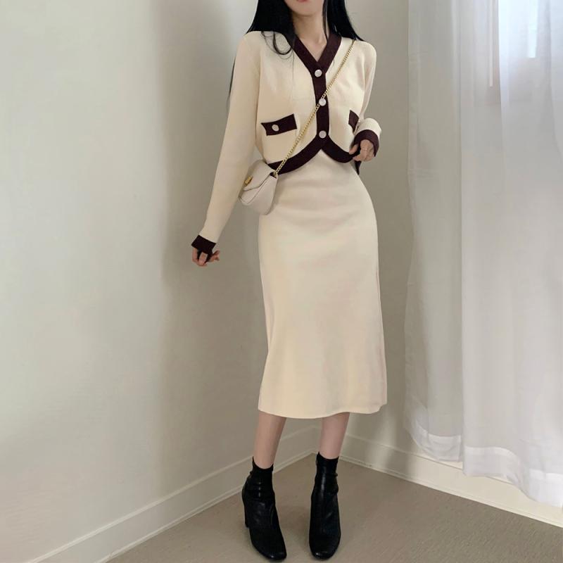 SET]配色ニットカーディガン+ビスチェロングワンピース