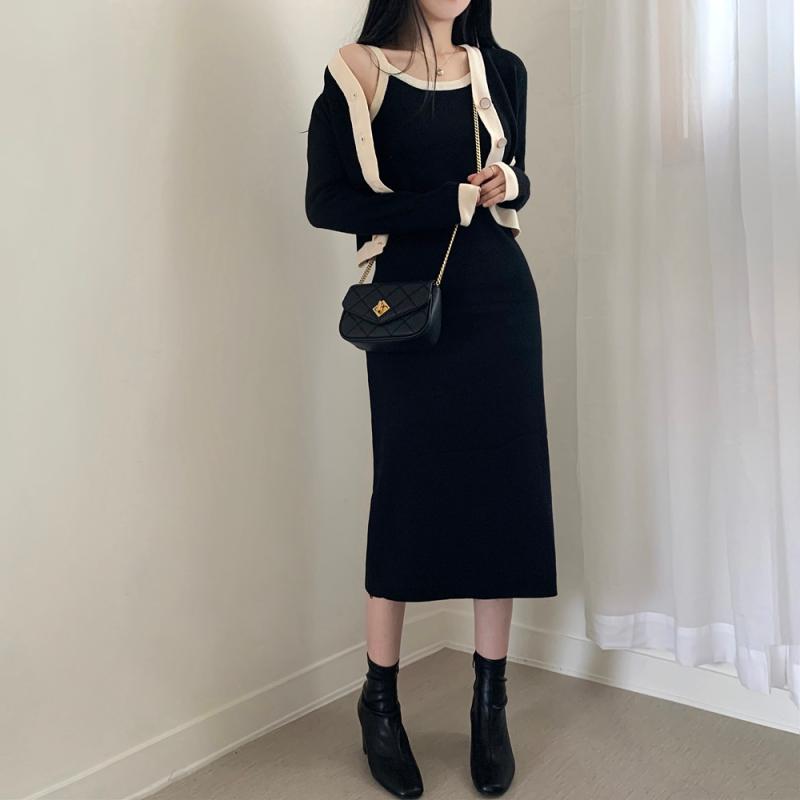 SET]配色ニットカーディガン+ビスチェロングワンピース