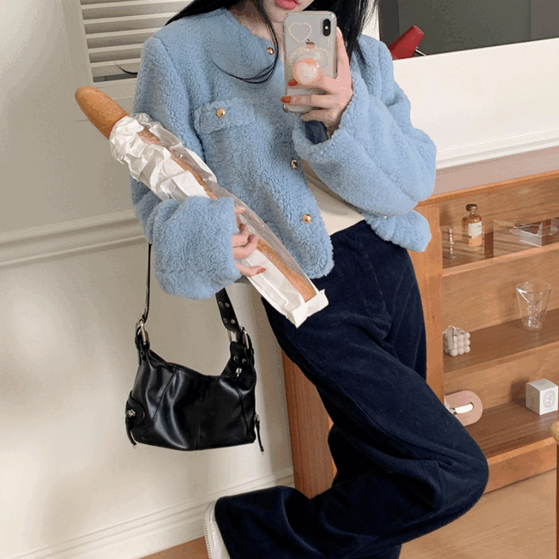 ゴールドボタンボアジャケット [10代・20代女性ファッション,韓国通販, SONA (ソニョナラ) ソナ] minipoe