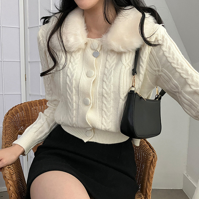 워녕이 밍크퍼 카라 꽈배기 니트 가디건