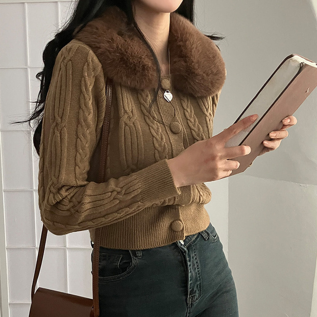 워녕이 밍크퍼 카라 꽈배기 니트 가디건