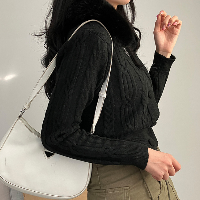 워녕이 밍크퍼 카라 꽈배기 니트 가디건