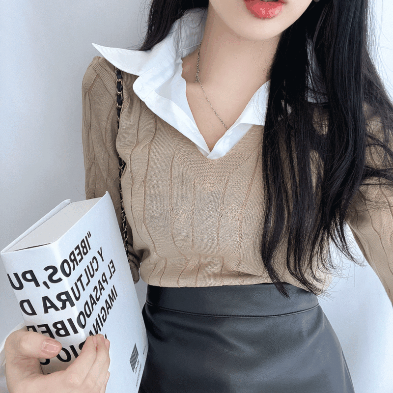 シャツレイヤードニット - [10代・20代女性ファッション,韓国通販