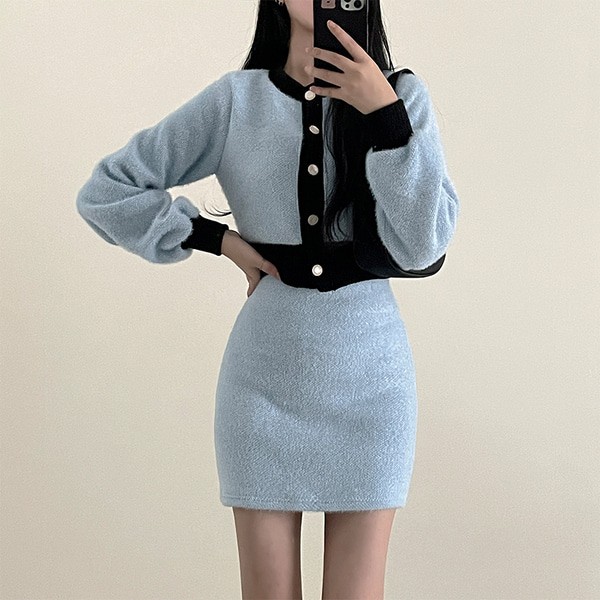 SET]配色カーディガン ミニスカート - [10代・20代女性ファッション