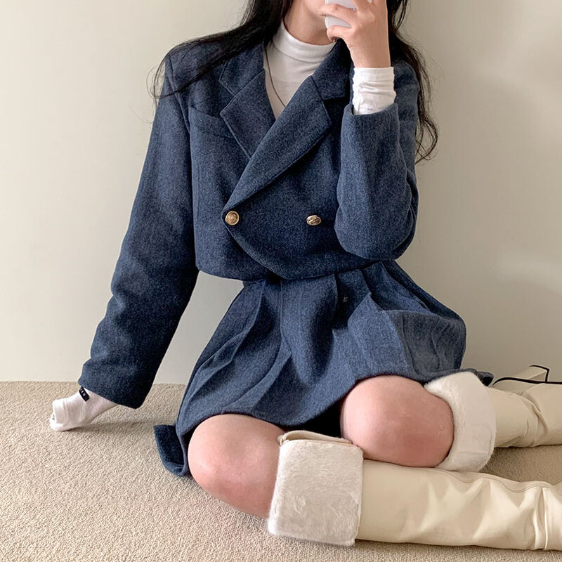 SET]ウールショートジャケット＋プリーツミニスカート(後ろゴム