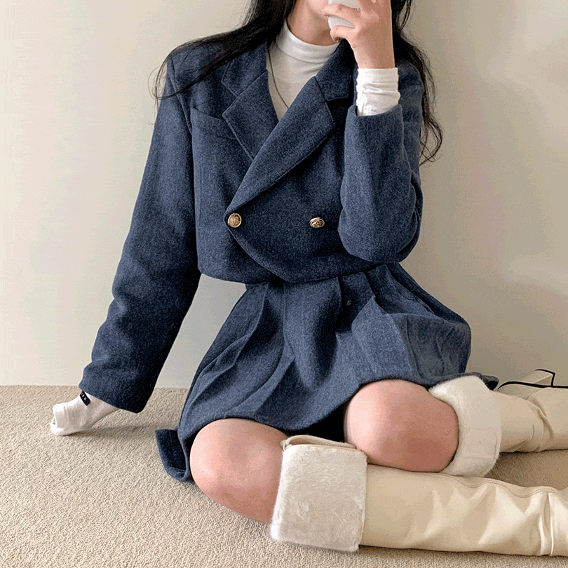 バックオープンショートジャケット&バリエーションミニスカート SET]ウールショートジャケット＋プリーツミニスカート(後ろゴム