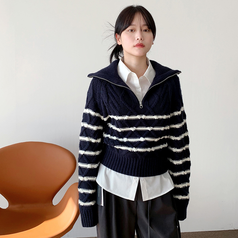 Ehre style ニット セーター 縦ストライプで魅せる！ 着痩せ効果