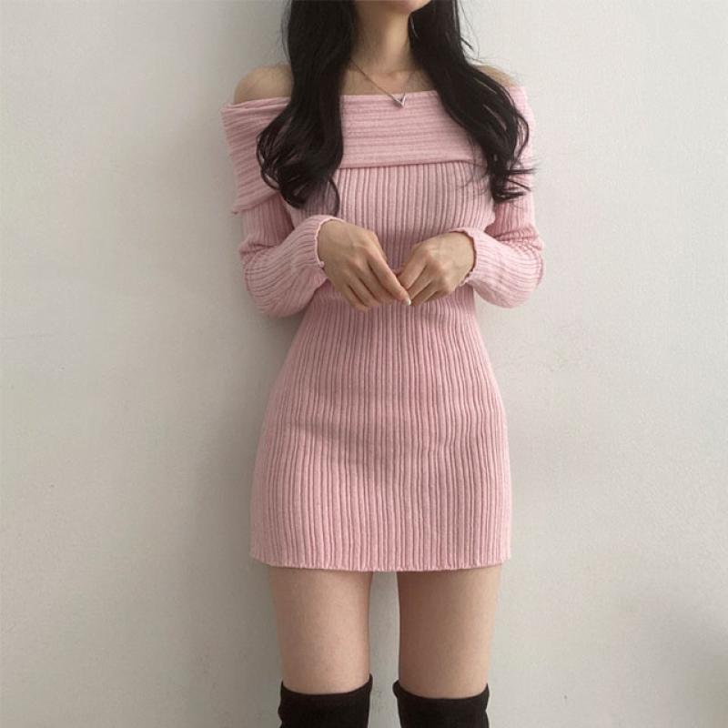 オフショルダーリブニットミニワンピース｜ミニワンピース｜韓国