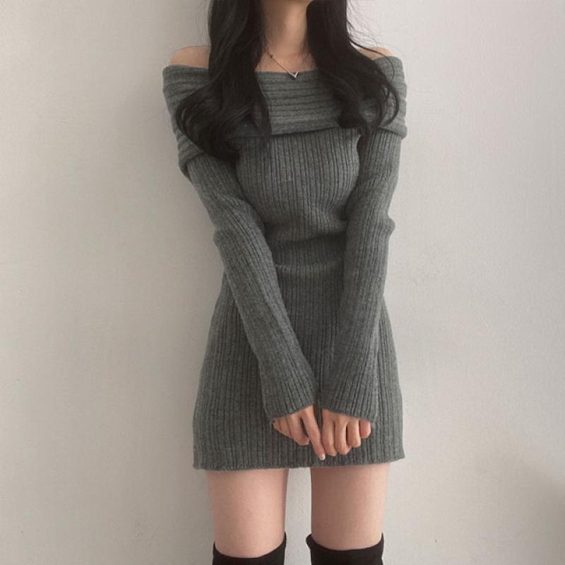 オフショルダーリブニットミニワンピース｜ミニワンピース｜韓国
