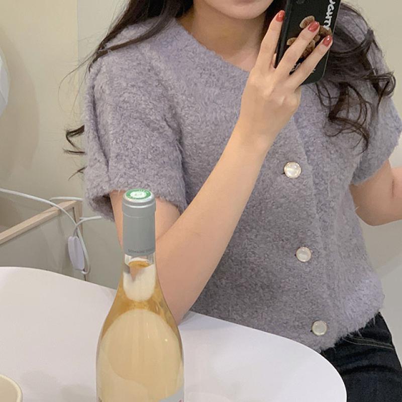 36サイズ♡定番大人気♡ パールボタン半袖ニットカーディガン パールボタンパフ半袖ニットカーディガン｜カーディガン｜韓国