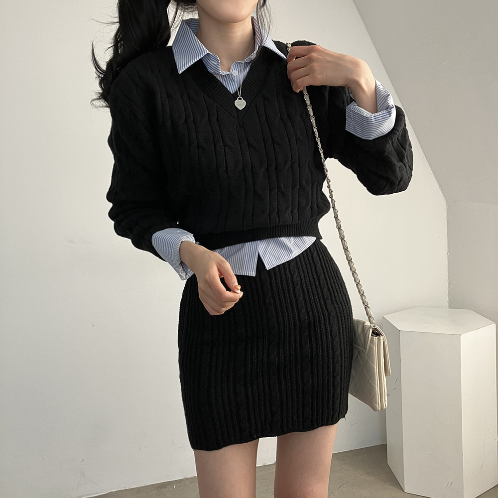 SET]ケーブルVネックニット+ミニスカート｜ツーピース｜韓国