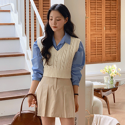 ケーブルレイヤードニットベスト - [10代・20代女性ファッション,韓国