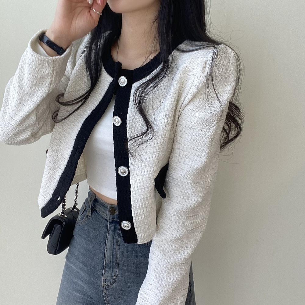 配色ゴールドボタンツイードクロップジャケット｜ジャケット｜韓国