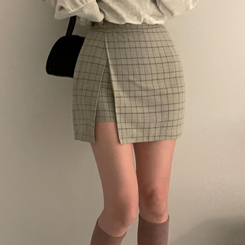 スリットチェックミニスカート - [10代・20代女性ファッション,韓国