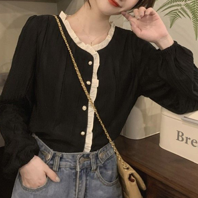 配色パールボタンフリルブラウス｜ブラウス｜韓国ファッション